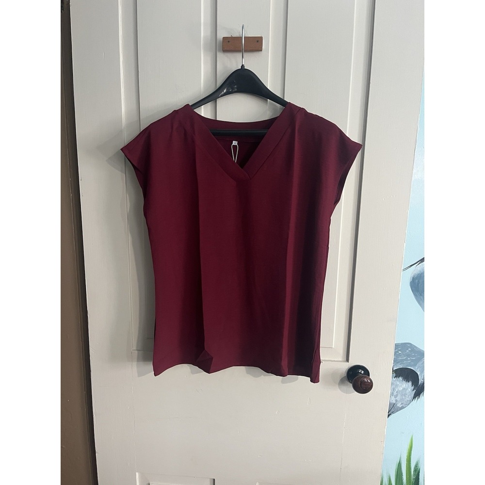 NEW Anrabess Shirt Women Small Maroon Short Sleeve V Neck
